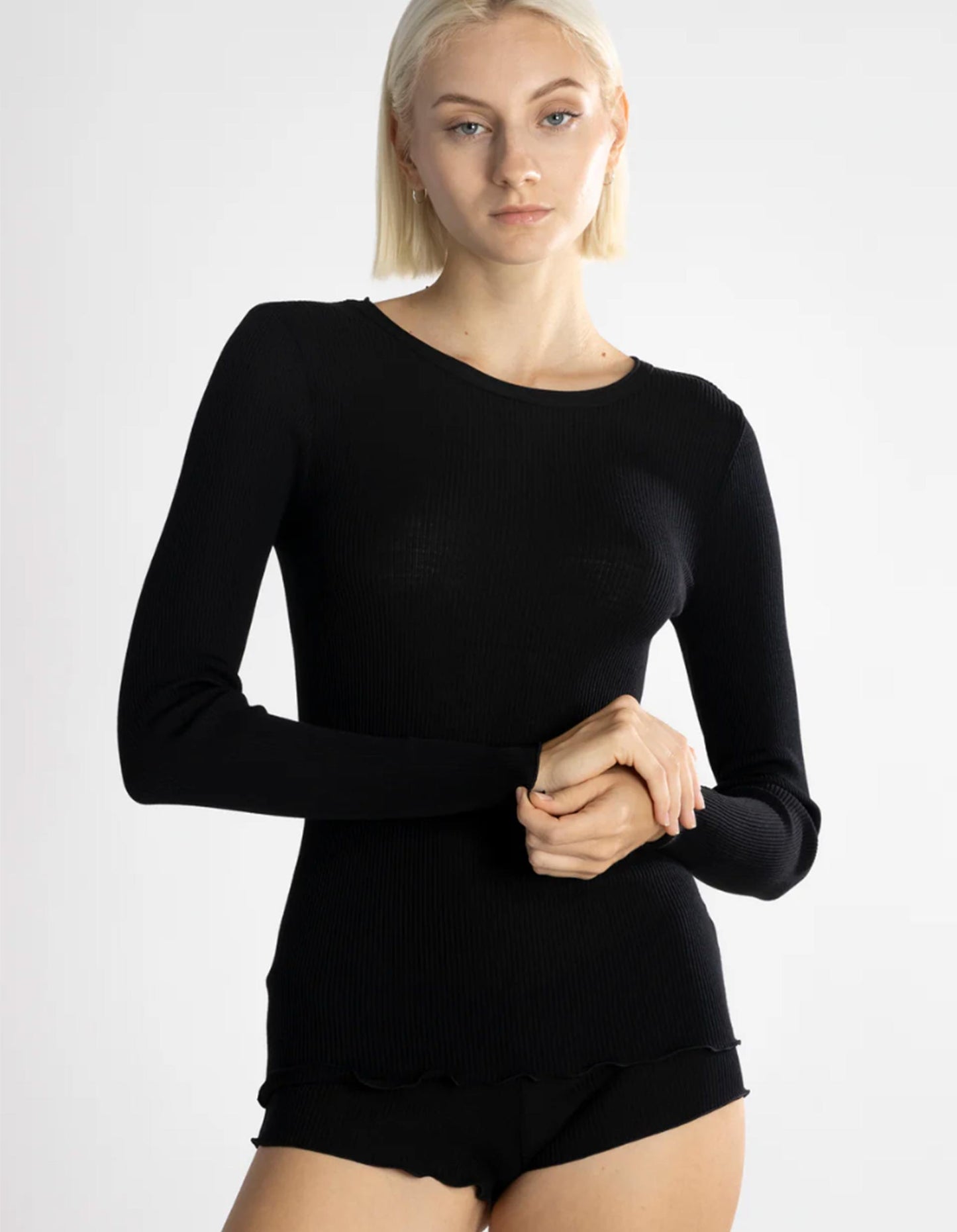 Wool + Silk Ribbed Long Sleeve Black