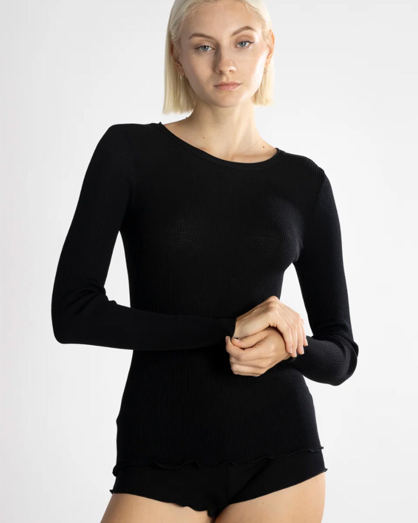 Wool + Silk Ribbed Long Sleeve Black