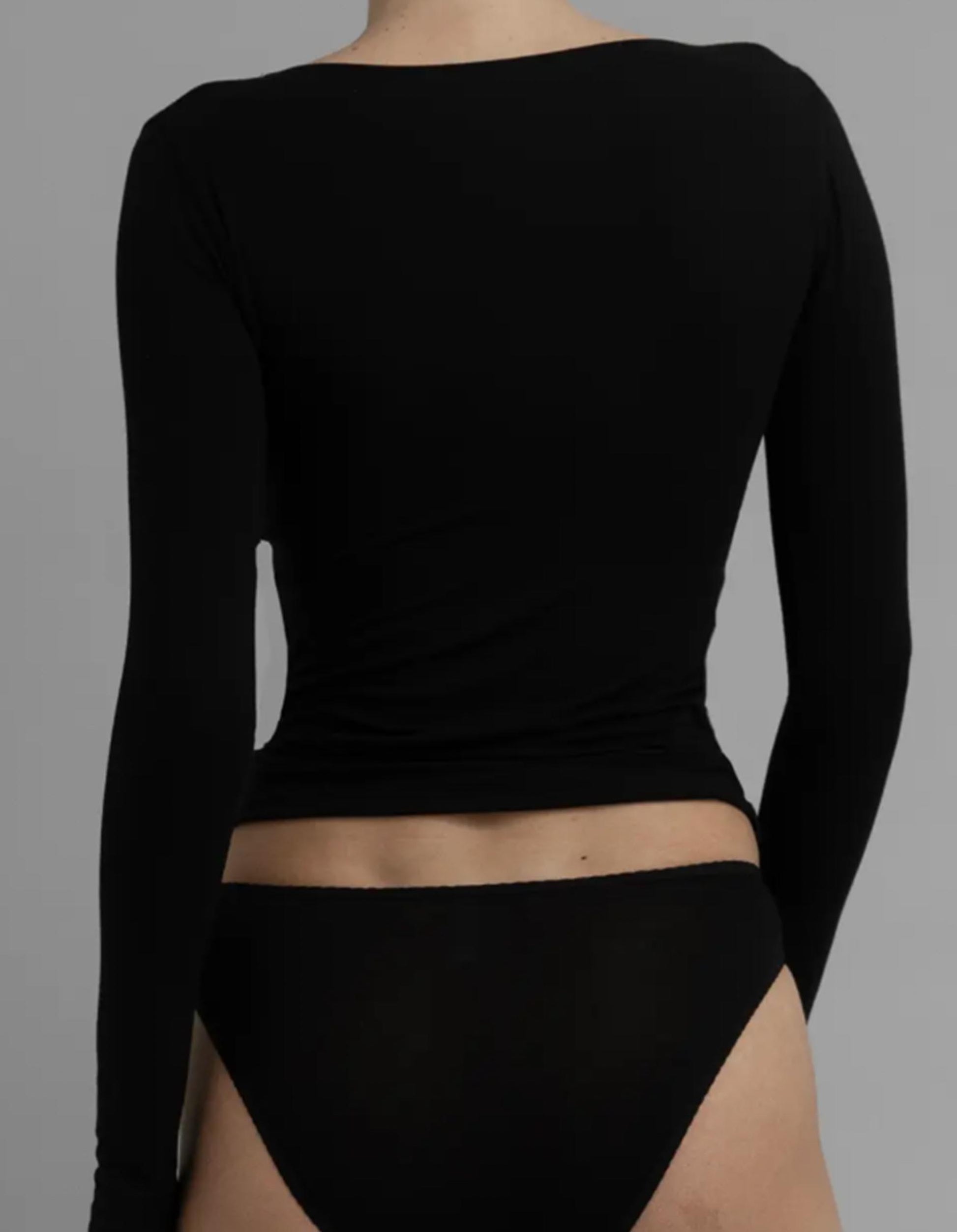 Black long-sleeve top and high-waisted black underwear on a gray background