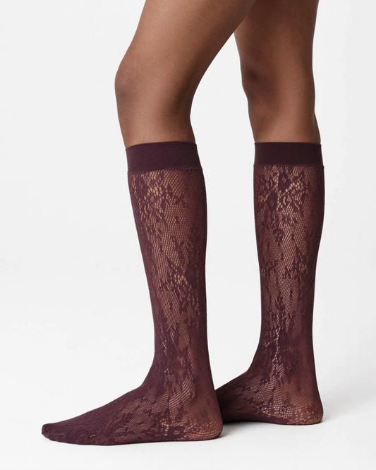 A pair of knee-high sheer lace socks in a deep burgundy color, shown on a model's legs against a plain white studio background.