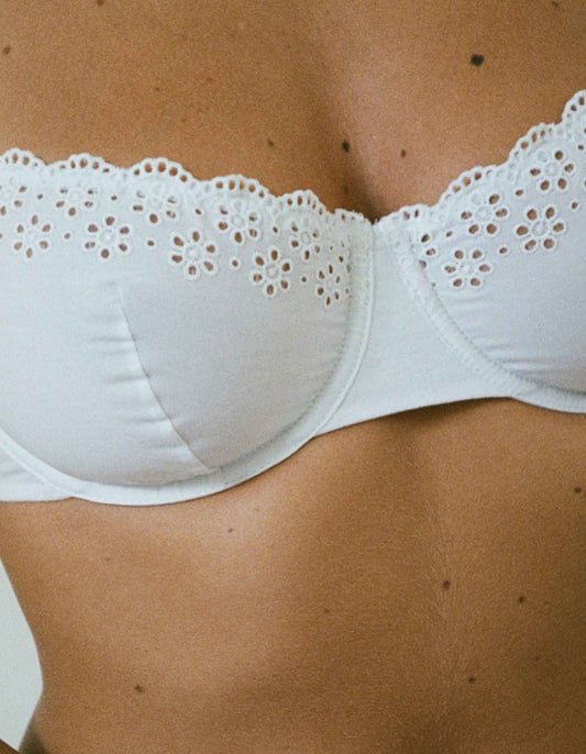 Close-up of a white underwire bra with embroidered details on the cups.