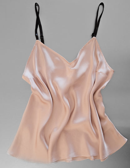 Beige satin camisole on a gray background