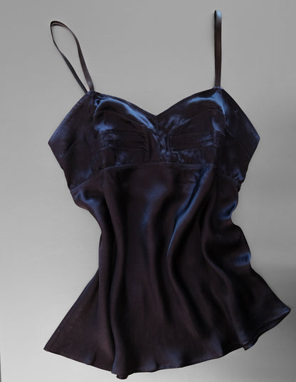 Navy satin camisole on a gray background